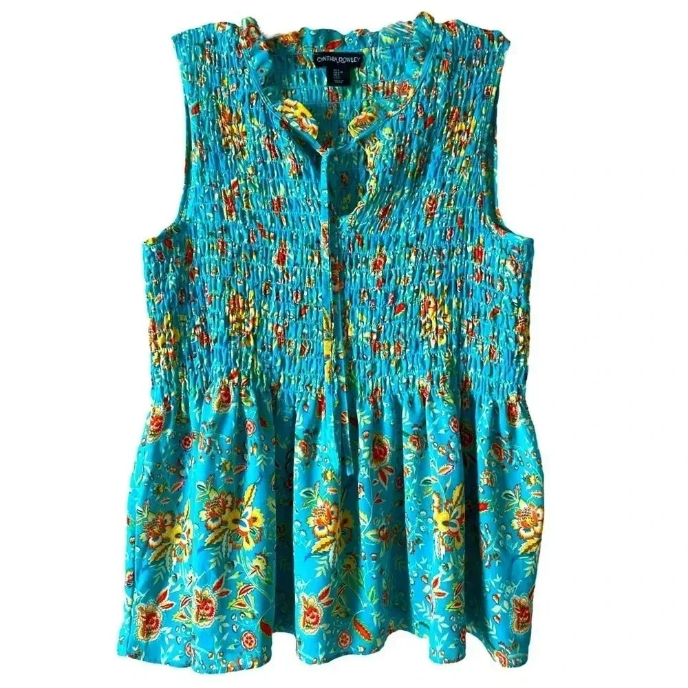 CYNTHIA ROWLEY | Women’s Teal Floral Sleeveless Ruffled Neckline Blouse Size L